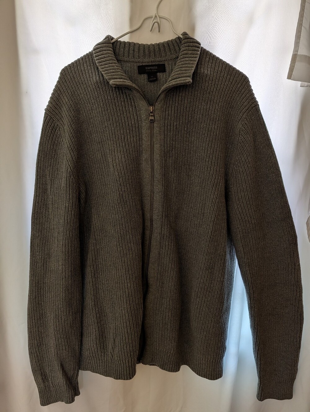 Express Men’s Full Zip Sweater XL 100% Cotton Grey University Grandpa Natural